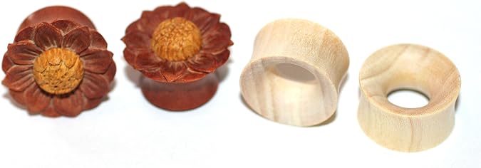 2 Pairs of Organic Flower Wood Hand Carved Ear Plugs Tunnels Gauges 0g 00g 1/2 5/8