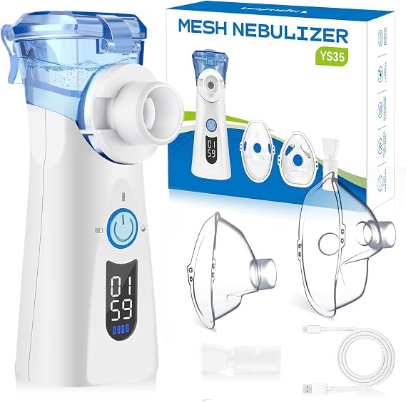 Mesh Nebuliser Machine for Adults Quiet Portable Handheld Nebulizer with 2 Masks & Mouthpiece Display with LCD