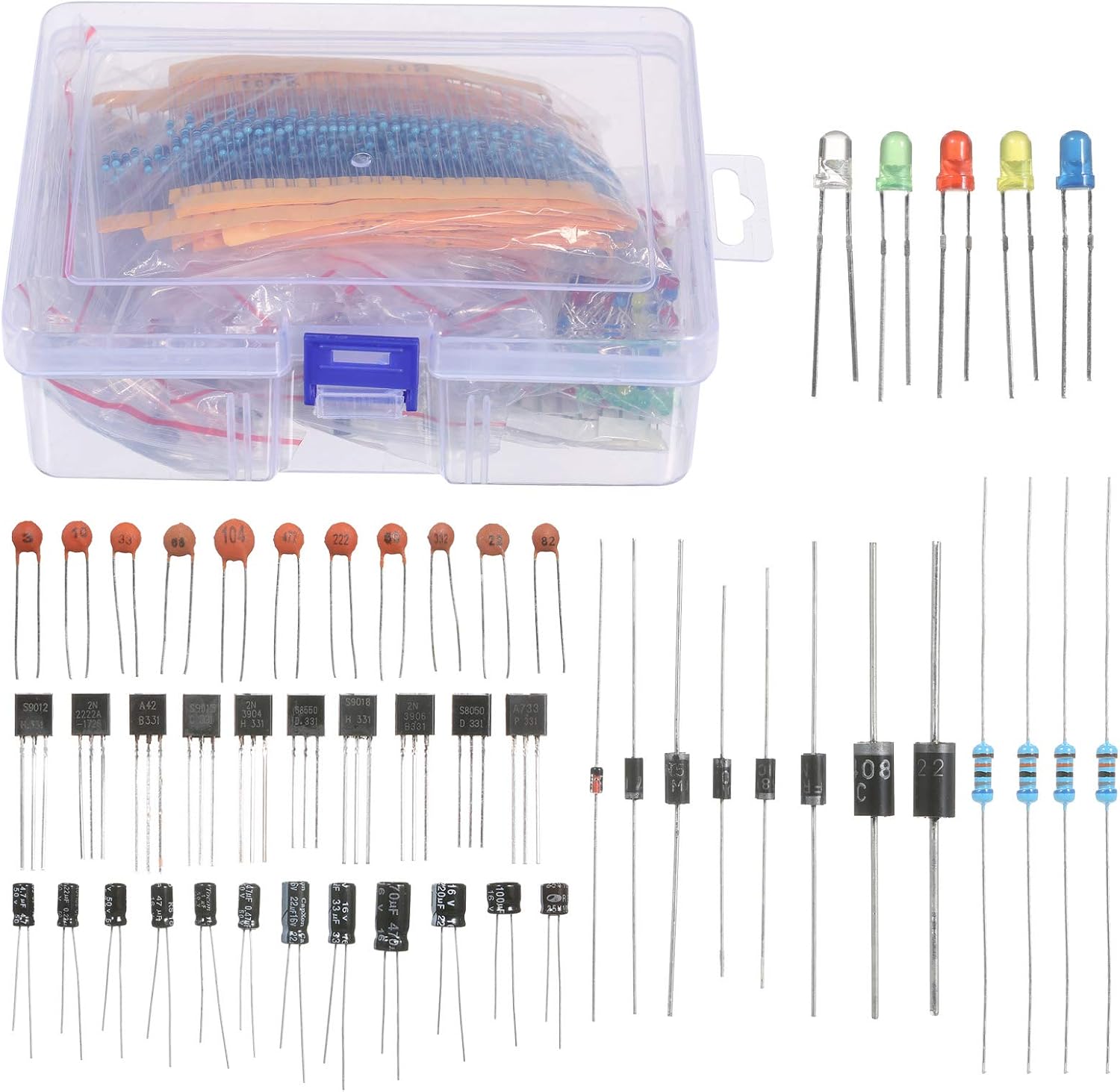 Karlak Various Electrical Element Starter Kit,1400PCS Electronic Components Assortment Kit with 14W Resistor LED Diode Various Electrical Element Starter Kit Electrolytic Capacitor Transistor DIY