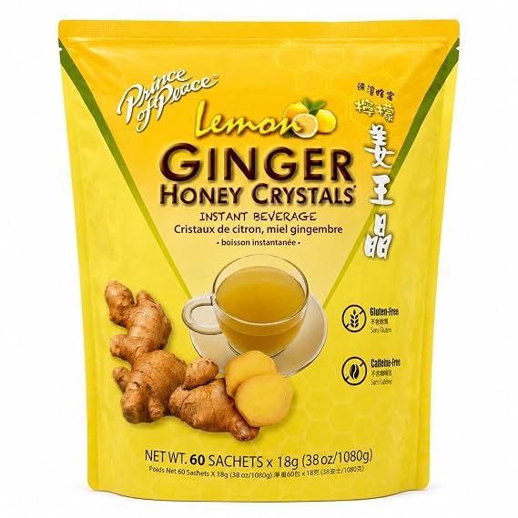 Prince of Peace Instant Ginger Honey Crystals with Lemon, 60 Sachets Instant Hot or Cold Beverage Easy to Brew Drink Like a Tea Caffeine and Gluten Free Real Ginger