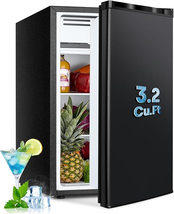 3.2 Cu.Ft Mini Fridge with Freezer, Single Door Small Refrigerator, Dorm Fridge with 7 Adjustable Thermostat, Energy Saving, Low Noise, Compact Refrigerator for Office, Bedroom, Dorm, Black