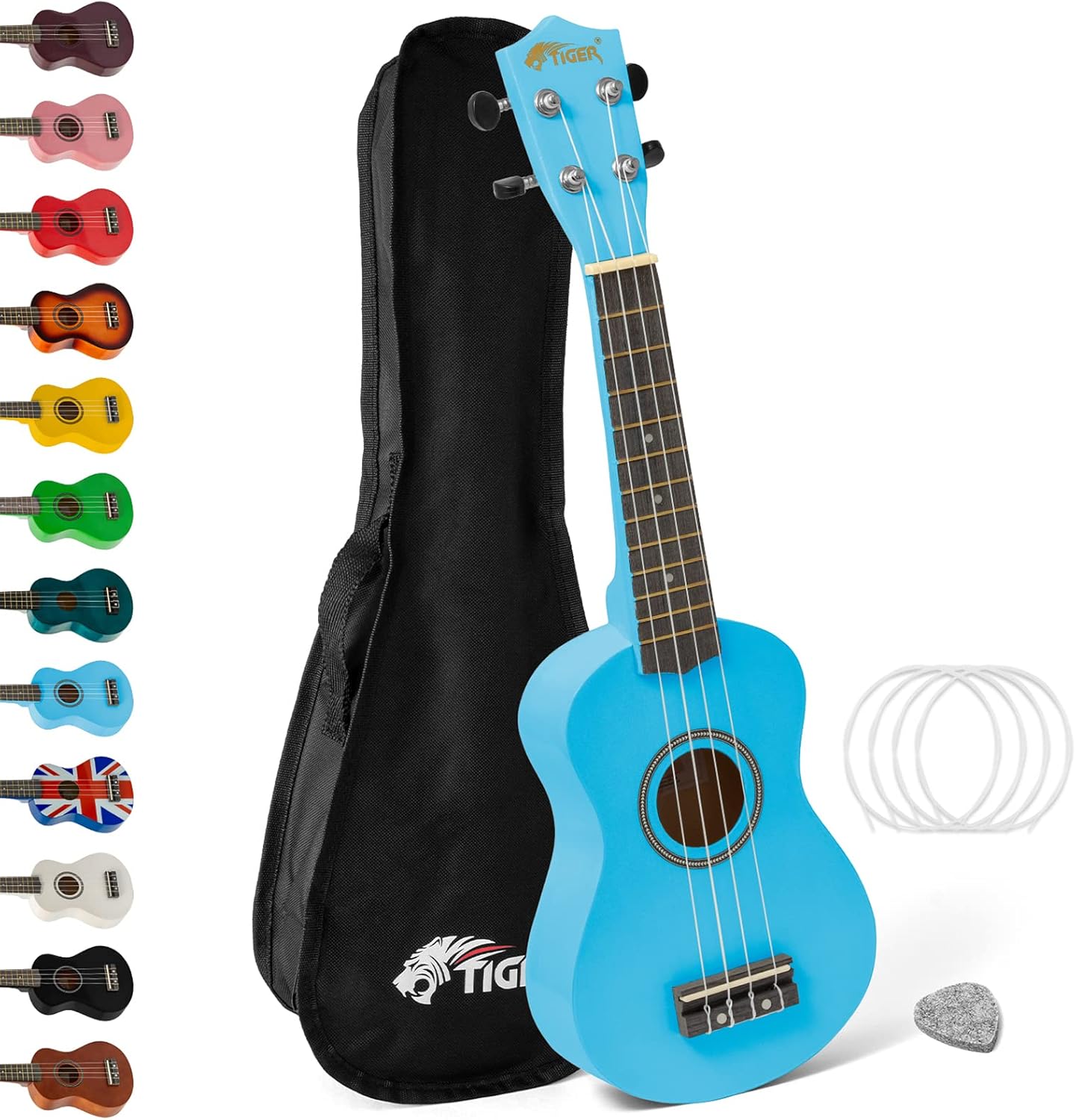 Tiger UKEKIT-BK Soprano Ukulele Kit – Suitable for Beginners and Children – Chromatic Tuner, Strap, Carry Bag, Notes Sticker, Felt Pick, Spare Strings, with Aquila Strings Fitted - Black