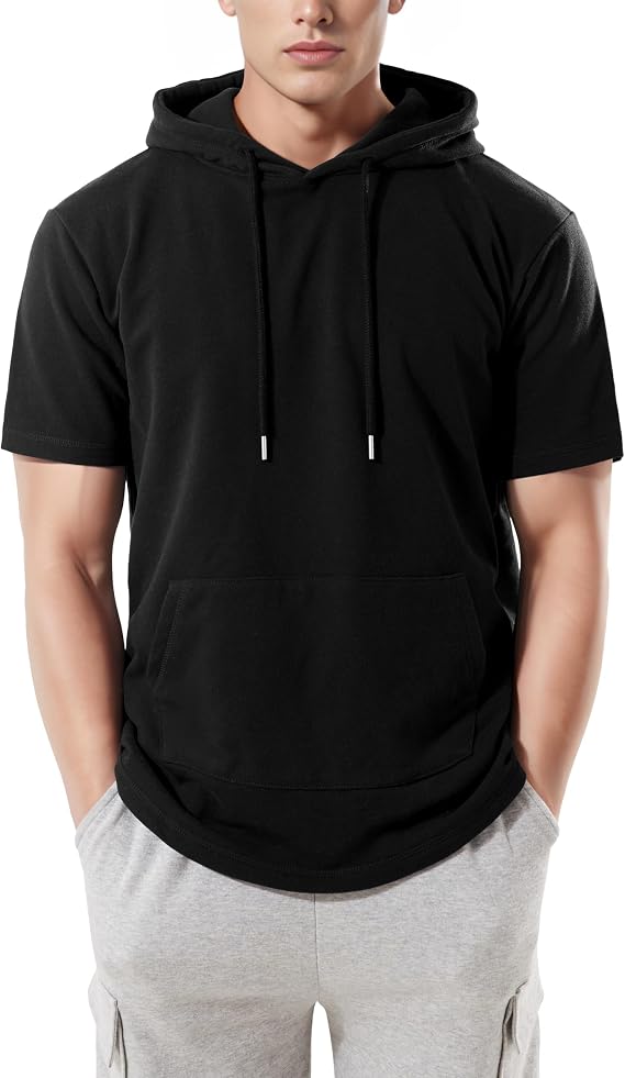 Ohoo Mens French Terry Hoodie Pullover Short Sleeve Lightweight Super Soft Hooded Sweatshirt