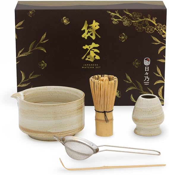 HIBINO Japanese Matcha Set | Matcha Bowl with Spout | Whisk & Holder | Bamboo Scoop & Stainless Sifter | 5-Piece Traditional Matcha Kit | Designed in Japan |Rustic Beige