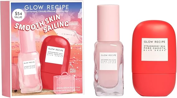 Glow Recipe Smooth Skin Sailing Skincare Set - Watermelon Glow Rose Juice Moisturising Face + Silicone-Free Bha Strawberry Pore Minimiser Overflow Drops (2 Count)