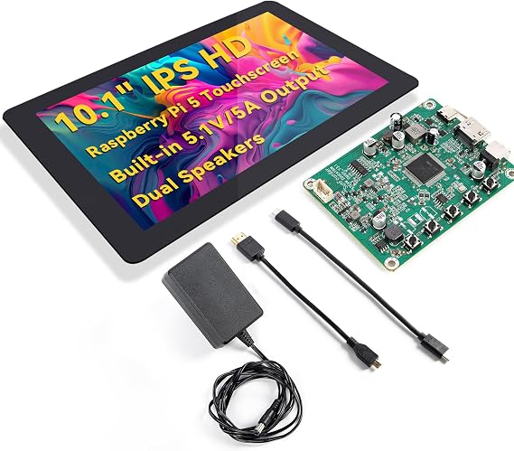 SunFounder 10 Inch DIY Touchscreen for Raspberry Pi 5, IPS HD 1280x800 LCD, 60Hz, Built-in 5.1V/5A Output, HDMI, 10-Point, No Driver, Speakers, for RPi 5/4/3/Zero 2W, RetroPie, Home Assistant