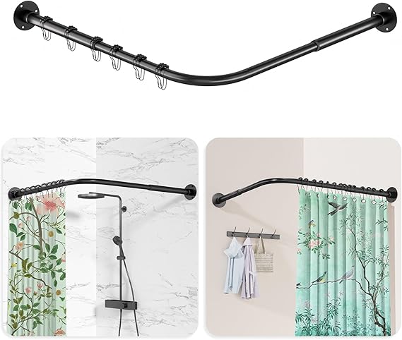 L Shaped Shower Curtain Rail, [60-90 cm] x [60-90 cm] Adjustable Corner Shower Curtain Rod, Wall Mounted Curved Shower Rail With 12 Rings & Ceiling Support For Bathroom Bathtubs, Need Drilling, Black