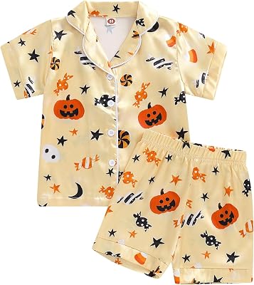 Toddlers Halloween Pajamas Baby Kids Boy Girl Pumpkin Pajama Set Ghost Pjs Jammies Button Down Lounge Sleepwear
