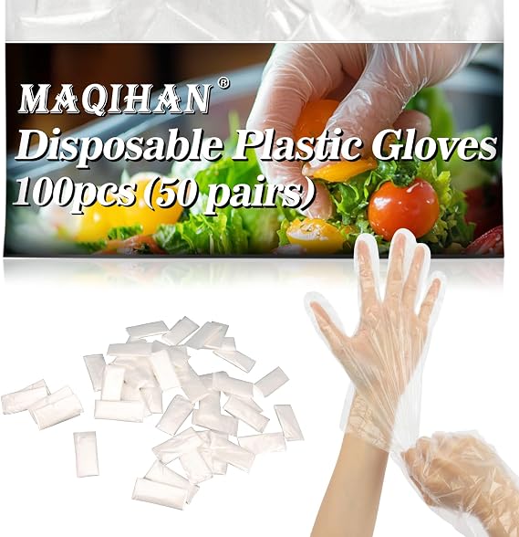 MAQIHAN 100Pcs Plastic Gloves Disposable - Plastic Food Safe Handling Glove