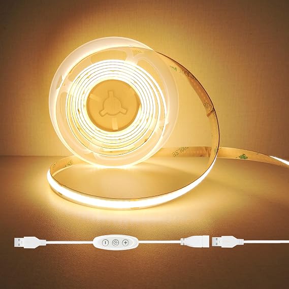 USB Light Strip Warm White 3000K with USB Dimmer, Cuttable Flexible | CRI 93+ 5V 6.56 ft Small Dimmable COB LED Strip Light, for TV Backlight Cabinet Bedroom Indoor DIY Lighting Project