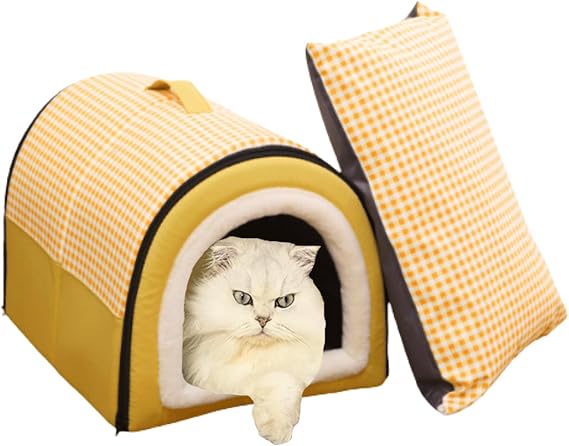Small Pet Dog House with Removable Cushion, 2 in 1 Puppy House, for Cat and Puppy, Warm Cave Sleeping Nest for Cats and Dogs Waterproof, Detachable and Washable (Yellow,Small)