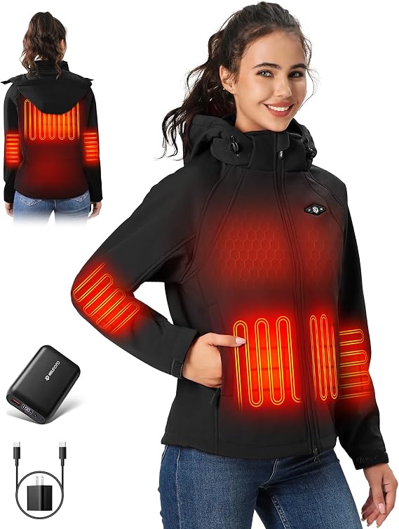 WASOTO Heated Jackets for Women 18400 mAh Battery Pack Water-Resistant Slim Fit with Detachable Hood Softshell Jackets
