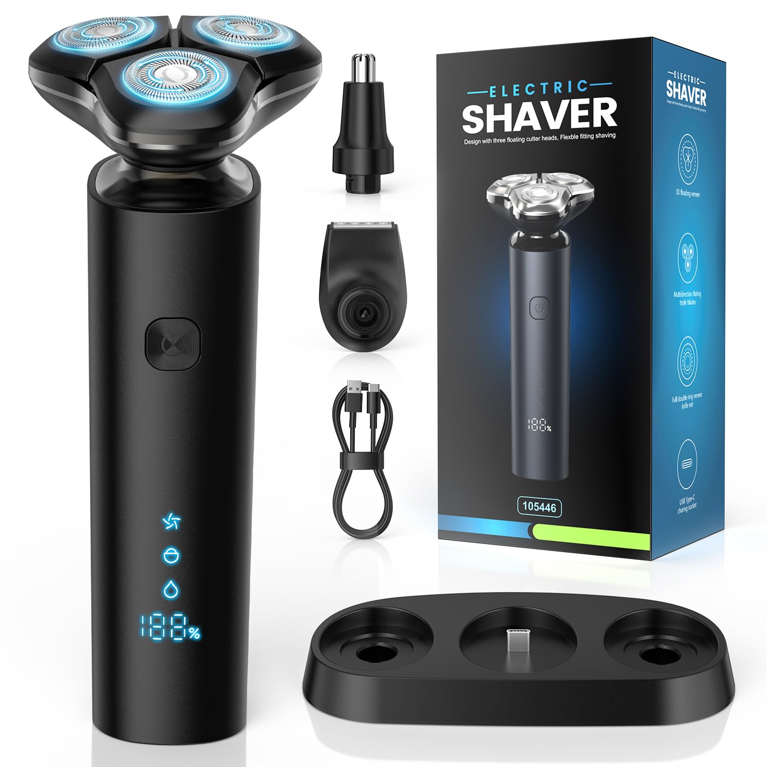 Men's Electric Shaver 3-in-1 Electric Shaver IPX7 Waterproof Wet and Dry Shaver with Magnetic Head Shaver & USB-C Charging