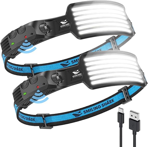 Smiling Shark Integrated Rechargeable LED Headlamp, 2 Pack Wide Angle 6 White Light Waterproof Head Light with Sealed Non-Removable Built-in Battery for Camping Hiking Fishing DIY