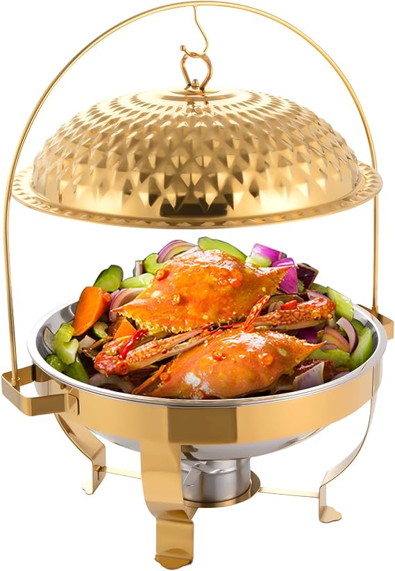 Chafing Dishes,Round Stainless Steel Chafing Dish Buffet Set with Glass Lid and Holder,Buffet Warmers Sets Buffet Servers and Warmers Set Warming Tray for Parties (8.5QT Gold), AK2-969