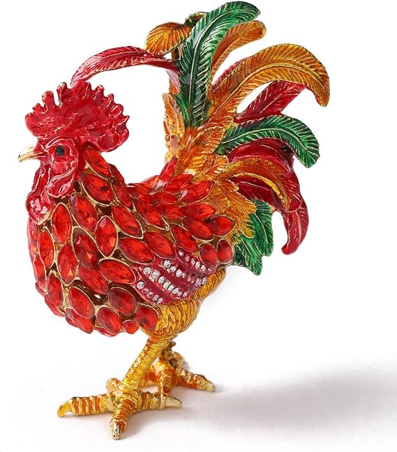 Rooster Trinket Boxes Hinged Enameled Jewelry Box Hand-Painted Animals Ornaments Craft Gift for Home Decor (Red)