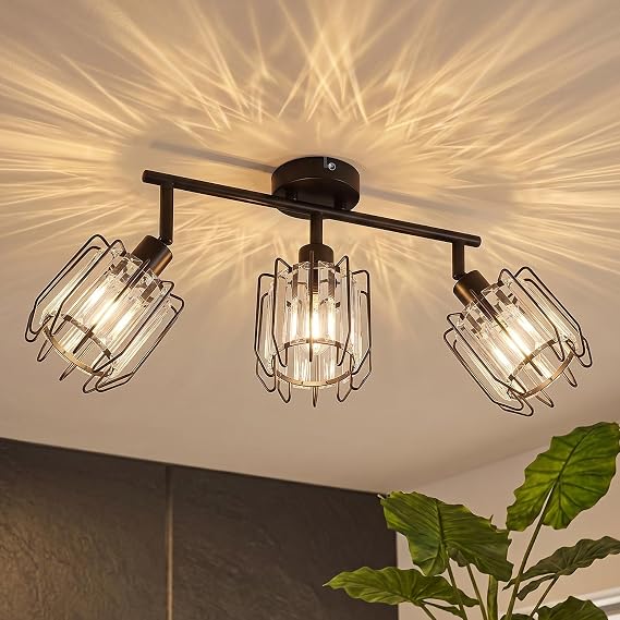 LVWIT Spotlight Kitchen Light,3 Way Black Spot Lights Ceiling,Adjustable Ceiling Lights Living Room with E14 Base,Spotlights Light Fittings Ceilings for Kitchen Living Room(NO Bulbs,Glass Lamp Shade) [Energy Class A]