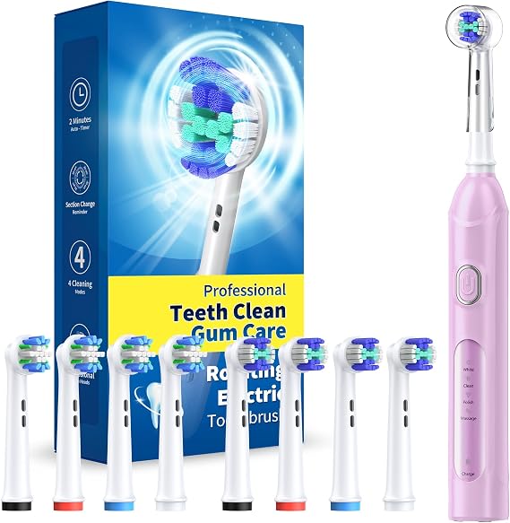 Rotating Electric Toothbrush for Adults, 8 Heads 2 Types, 4 Modes, Purple