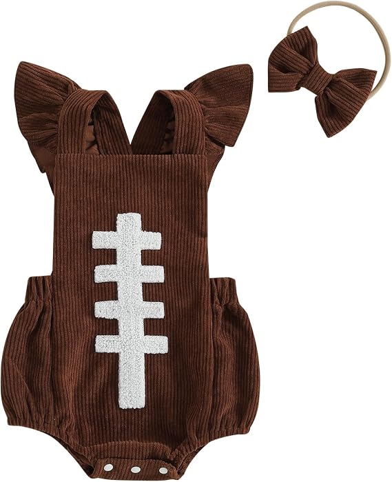 Honganda Baby Girl Football Outfit Fly Sleeve Rugby Embroidery Corduroy Romper with Headband Set Game Day Clothes Overalls