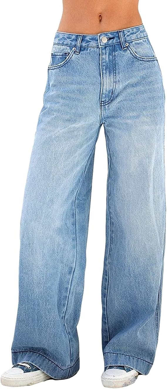 FUZUAA Baggy Jeans for Women Hip Hop Long Jeans Y2K Loose Straight Jeans High Waist Jeans Bootcut Jeans with Wide Leg Baggy Boyfriend Denim Streetwear Cargo Trousers