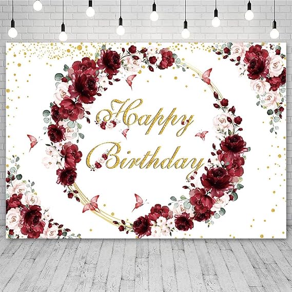 SENDY 7x5ft Burgundy Floral Birthday Backdrop for Girls Gold Glitter Happy Birthday Party Photography Background Pink Floral Butterfly Birthday Party Decorations Banner Photo Studio Props