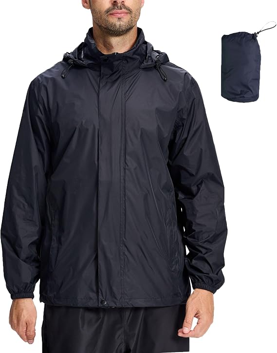 LZLER Mens Waterproof Jackets Lightweight Packable Windproof Rain Jacket Adjustable Hooded Raincoat for Outdoor Hiking Fishing Camping