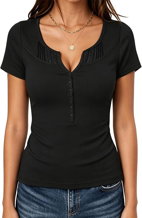 Short Sleeve Henley Shirts for Women - Ribbed Knit Slim Fit Lace Trim V Neck Casual Tops