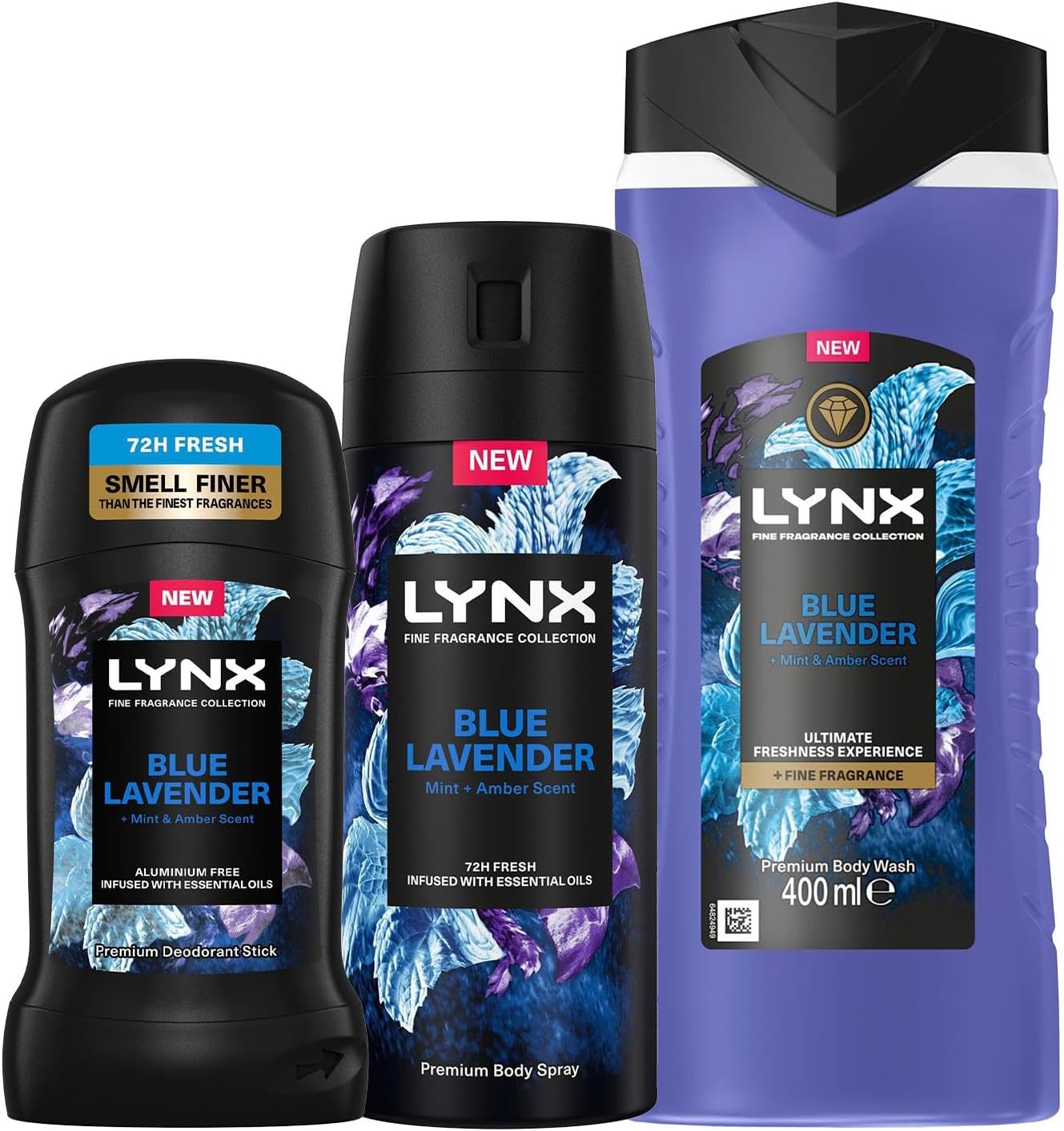 Lynx Fine Fragrance Collection of Blue Lavender Body Spray 150ml and Deodorant Stick 50ml with Body Wash 400ml Infused with a Blue Lavender, Mint and Amber Scent for Long Lasting Freshness