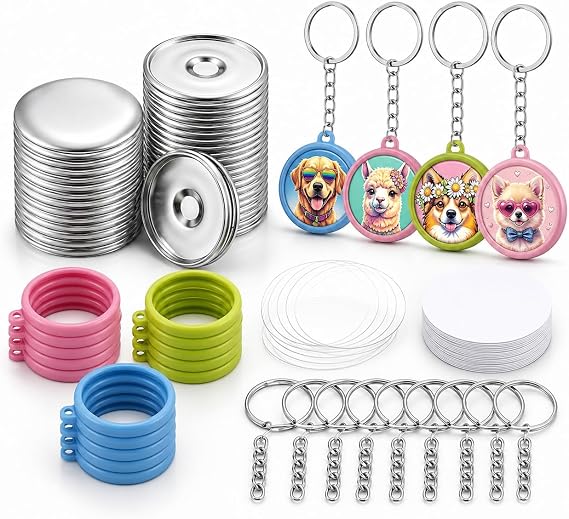 Keychain Button Making Supplies for Button Maker Machine, 50 Sets 32mm Button Refills Includes Metal Shell, Graphic, Plastic Film, Backing Parts