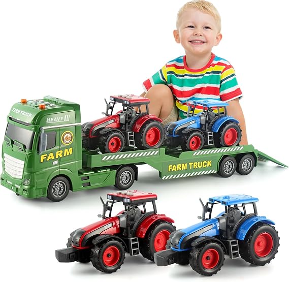 Semi Truck with Tractor Toy, Kids Tractor Set & Truck and Trailer Front Loader -Car Head/18 Wheeler/Light, Toddlers Farm Vehicle Toys for 3 4 5 6 7 8 9 Year Old Boys Girls Birthday Gift