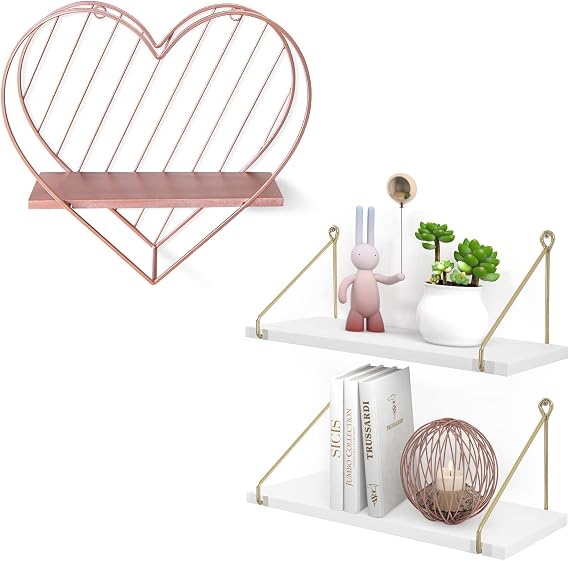 Afuly Folating Shelves Rose Gold Small Shelf Wall Mounted Metal Heart Design, White and Gold Floating Shelves Home Decor for Bathroom Kitchen Livingroom