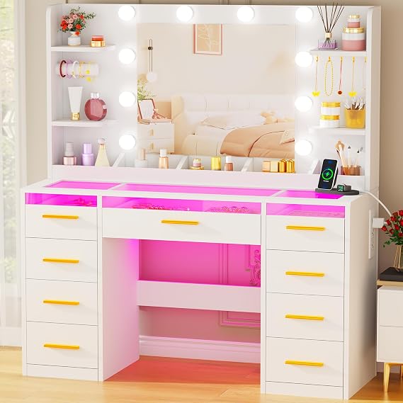 ANWBROAD Dressing Table with Mirror and RGB Lights Glass Top Vanity Desk