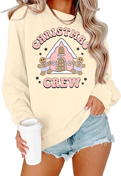 Womens Christmas Sweatshirt Christmas Crew Graphic Holiday Pullover Tops
