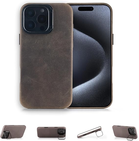 QUARK Genuine Leather Case for iPhone 16 Pro with Stand, Compatible with MagSafe, Vintage Premium Crazy Horse Leather, Metal Buttons & Camera Bump, 6.3-inch (Coffee)