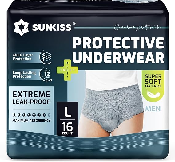 SUNKISS Super Soft Incontinence Underwear for Men, Large, Grey, 16 Count