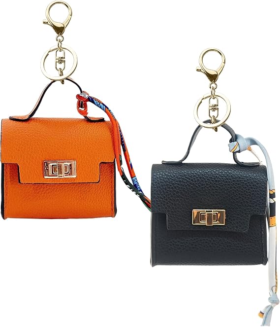 2 pack Mini Backpack Keychain PU Leather Tiny Bags for Purse Pocket Lipstick Bag Card Holder Data Cable Organizer Pouch Orange White (Orange + Black)