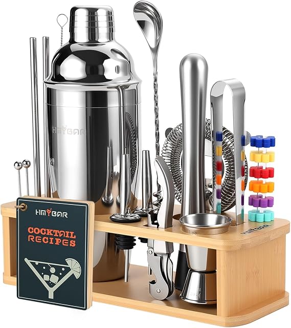 HMYBAR 22-Piece Cocktail Shaker Set, Mixology Bartender Kit with 24oz Cobbler Shaker, Home Bar Tool Set with Natural Bamboo Stand, 39 Recipe Cards, Glass Markers, Gift for Men & Dad