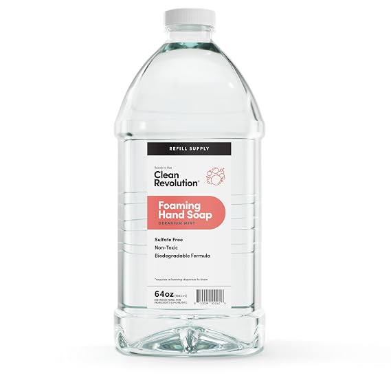 Clean Revolution Foaming Hand Soap, Gentle, Moisturizing, Ready To Use Formula, Real Essential Oils, Gluten Free, Geranium Mint, 64 Fl Oz