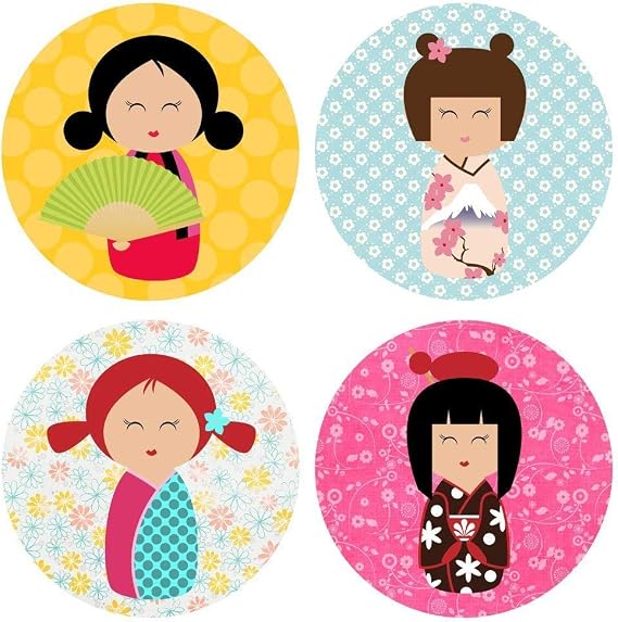 Kokeshi Stickers, Japanese Kimono Favor Labels, Set of 50
