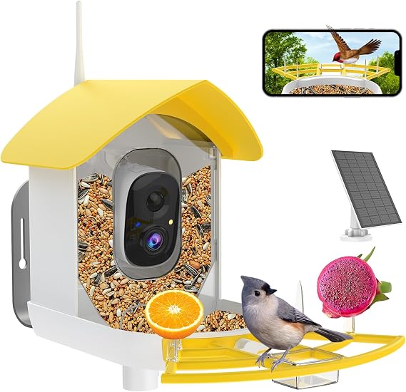 Smart Bird Feeder with Camera, AI Identify Bird Breed, Solar-Powered WiFi 1080P Live Camera, Auto Capture Backyard Garden Bird Watching, Motion Detection, Cloud and Memory Card Storage, Yellow