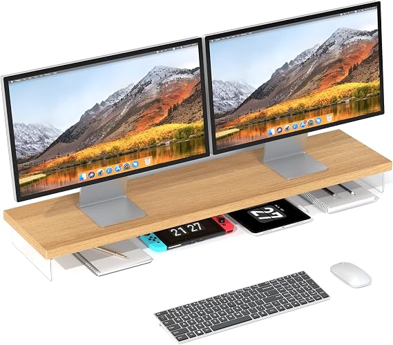 Dual Monitor Stand Riser, 40x10 in Wood & Acrylic Desktop Organizer Shelf