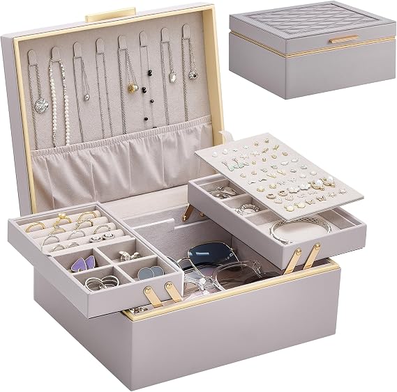 Lolalet Jewelry Box for Women Girls, 2 Layer Jewelry Organizer -HazePurple