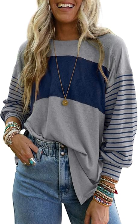 Dokotoo Long Sleeve Tops Oversized Color Block Womens Shirts 2026 Blouses