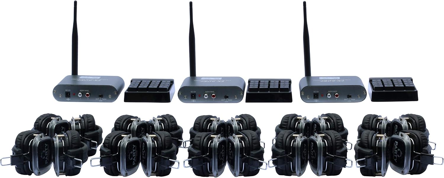 Party Headphones Silent Disco Wireless RF 100 x Headphones Bundle, 3 x RF Transmitter 3 x Keypad | 1500ft Range | As seen on Netflix | Outdoor Party | HD Sound No Lag [Portable Container Free]