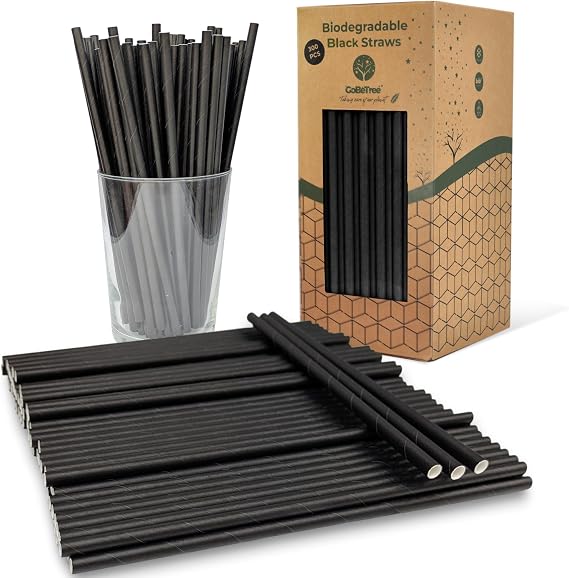 GoBeTree Black Paper Straws, 300 Disposable Cardboard Straws