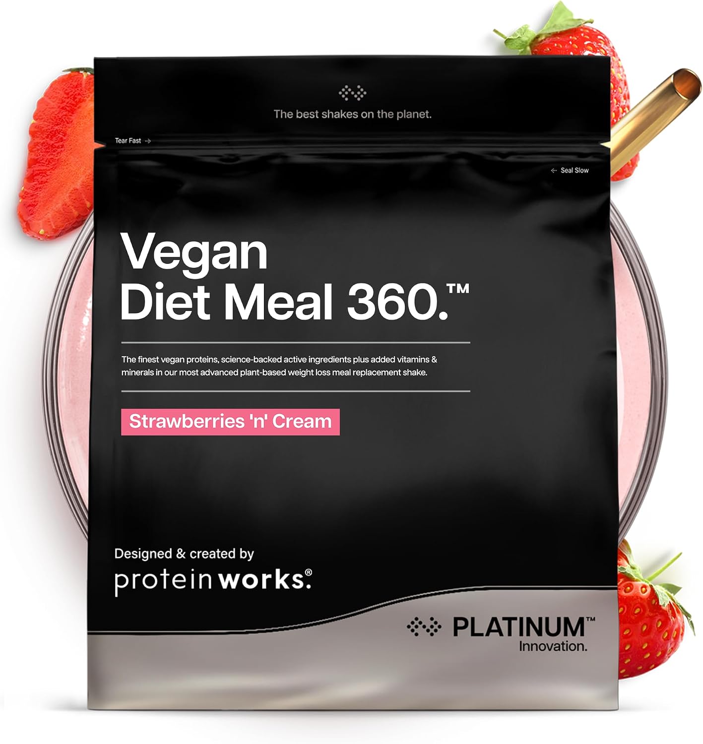 Protein Works | Vegan Diet Meal 360 - PLATINUM Innovation, Vegan Protein Diet Meal Replacement Shake, Healthy Weight Loss, Vitamin & Mineral Blend, Green Tea, Strawberries 'n' Cream, 8 Meals, 500g