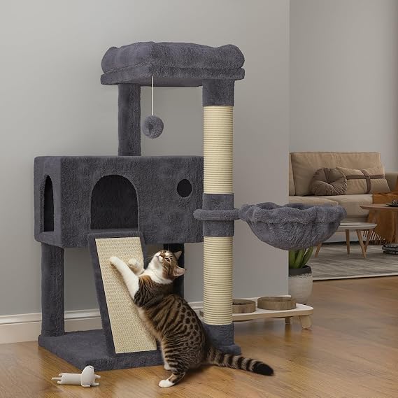SHA CERLIN Cat Tree 36 Inches Cat Tower with Hammock, Sisal Scratching Post for Indoor Kittens, Small Room, Smoky Grey
