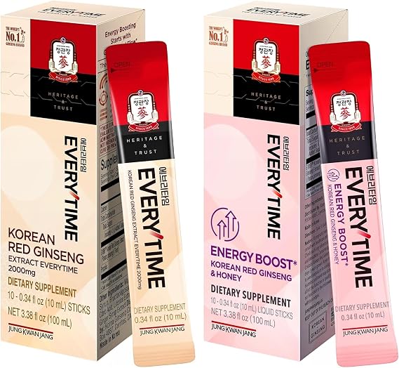 JUNG KWAN JANG Everytime Korean Red Ginseng Liquid Stick Bundle - 2,000mg Red Ginseng with Propolis + 1,000mg Red Ginseng & Honey Caffeine-Free (20 Sticks Total)