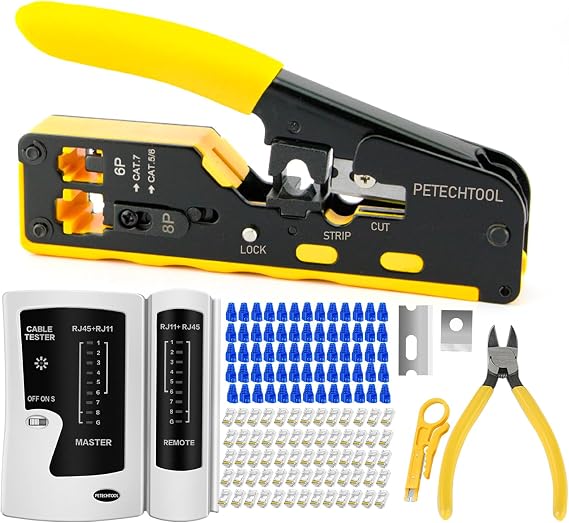 RJ45 Crimp Tool Pass Through Cat7 Cat6 Cat5 Crimping Tool with 50-Pack Cat6 RJ45 Pass Through Connector, 50-Pack RJ45 Boots, Network Cable Tester, Wire Cutter and mini Wire Stripper