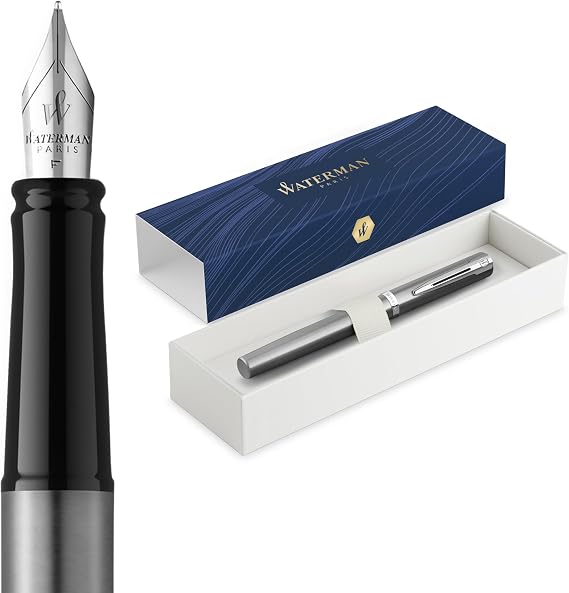 Waterman Impression Fountain Pen | Fine Nib with Blue Ink Refill | Stainless Steel with Palladium-Coated Trim | Gift Box